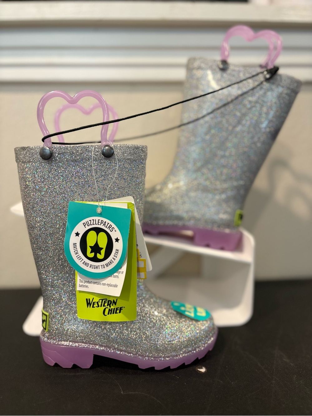Western Chief Abby Silver Glitter & Purple Light Up Rain Boots Toddler Sz 7